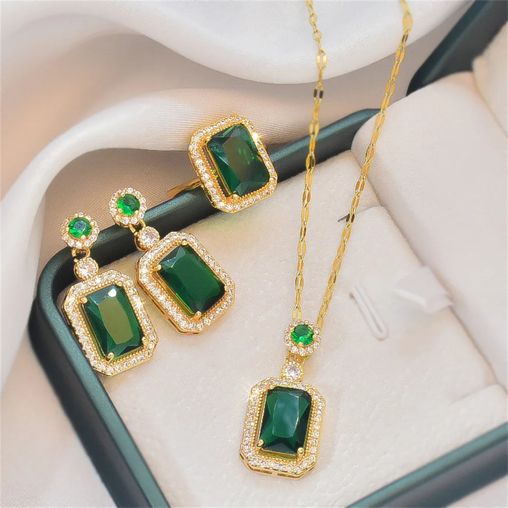Classic Women's Three-piece Jewelry Set Statement Emerald Ring Fashion Green Zircon Ring Earring Necklace Wedding Jewelry Sets 
