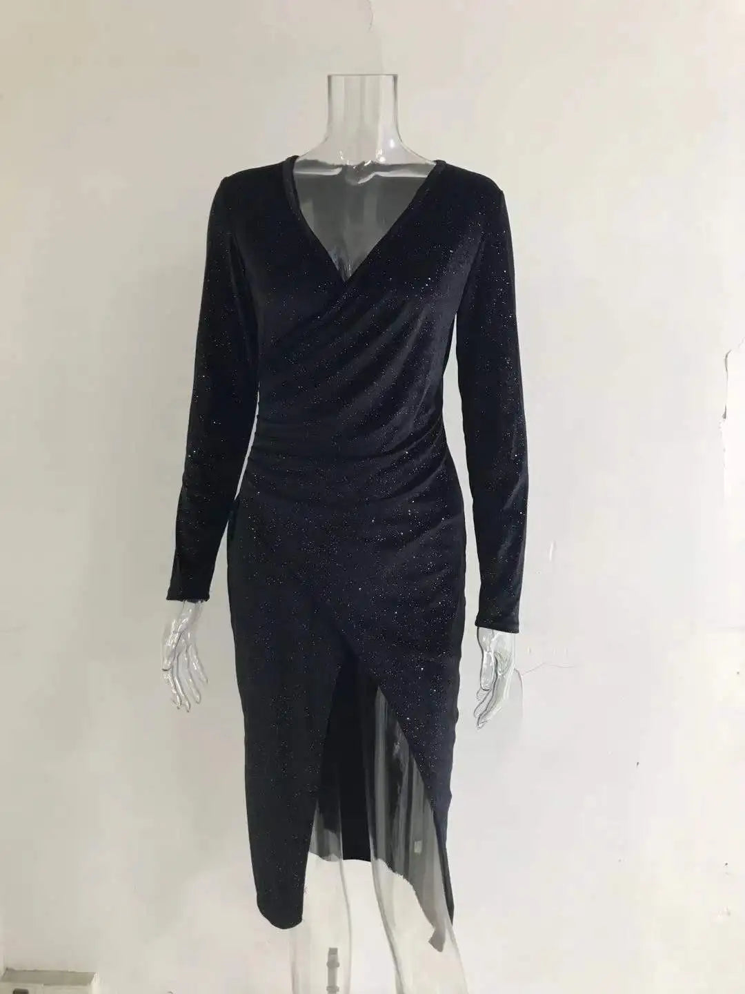 New Cross border Evening Dress Sexy Open Leg Long Sleeve Mid length Dress Golden Velvet Nightclub Dress