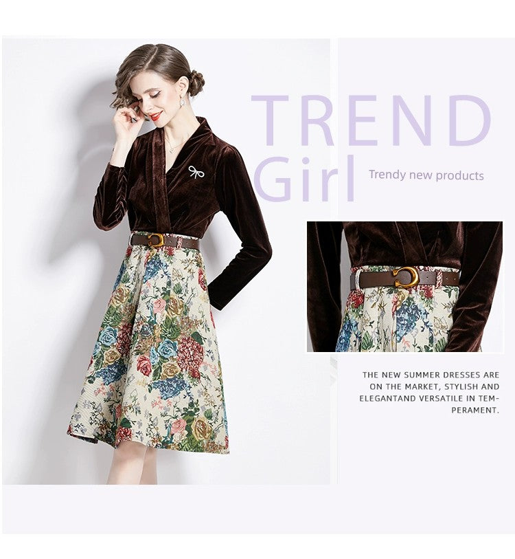 Gold Velvet Jacquard Fake Two-Piece Dress