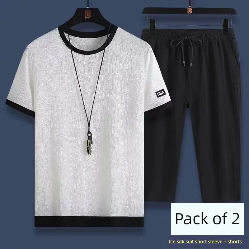 Men Short Sleeve Matching Linen Leisure Sports Suit