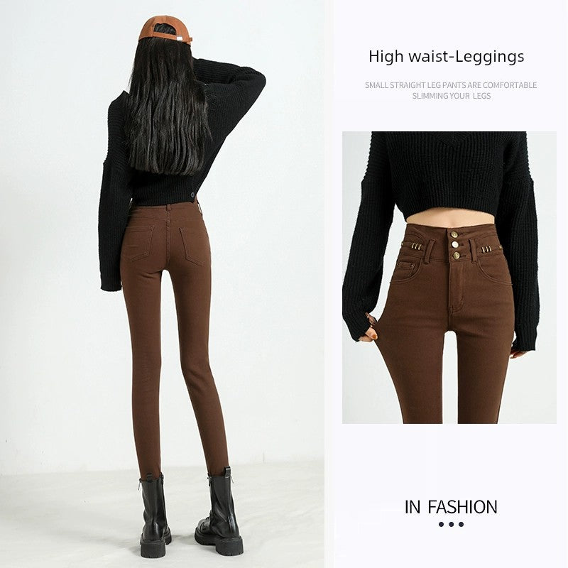 Brown Tight-Fitting Outerwear Stretch Slimming Jeans
