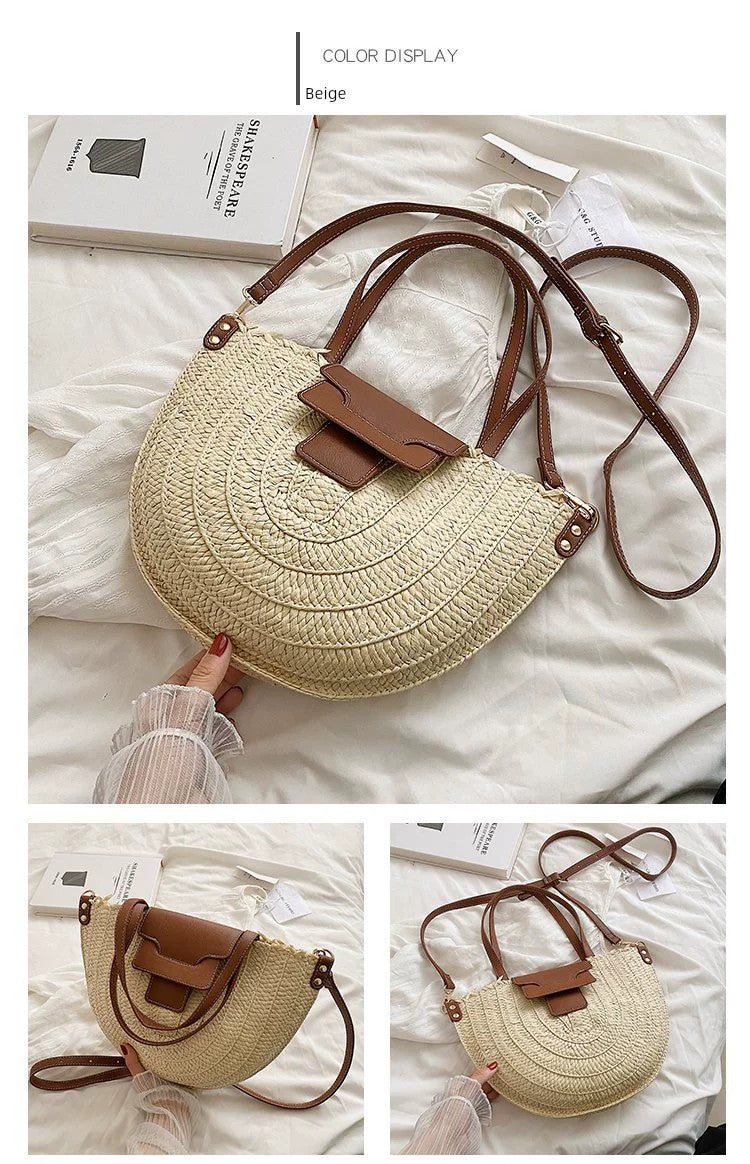 French Style Retro Straw Bag Semicircle Underarm Shoulder Messenger Bag Seaside Vacation Beach Woven Bag