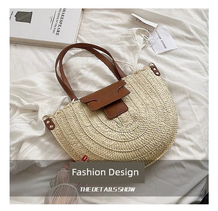 French Style Retro Straw Bag Semicircle Underarm Shoulder Messenger Bag Seaside Vacation Beach Woven Bag