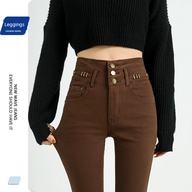 Brown Tight-Fitting Outerwear Stretch Slimming Jeans