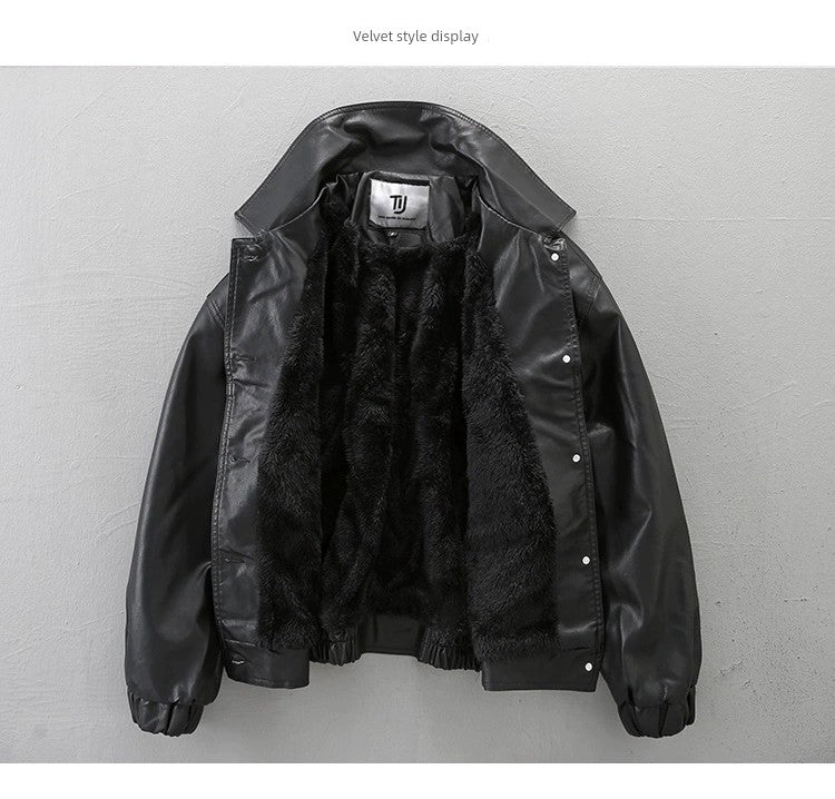 American Retro Loose Leather Coat Men's Trendy Handsome Motorcycle Clothing Pilot Leather Jacket Black Korean Style PU Leather Jacket