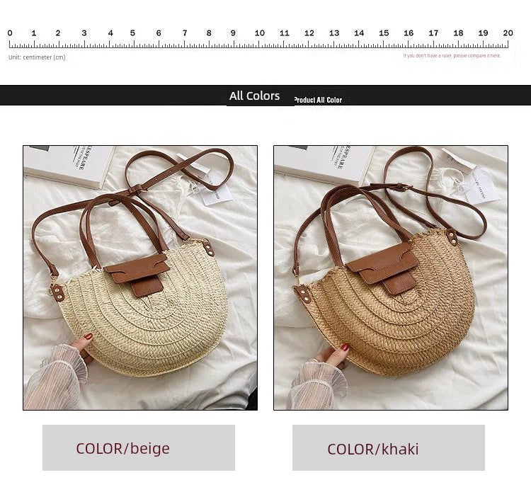 French Style Retro Straw Bag Semicircle Underarm Shoulder Messenger Bag Seaside Vacation Beach Woven Bag