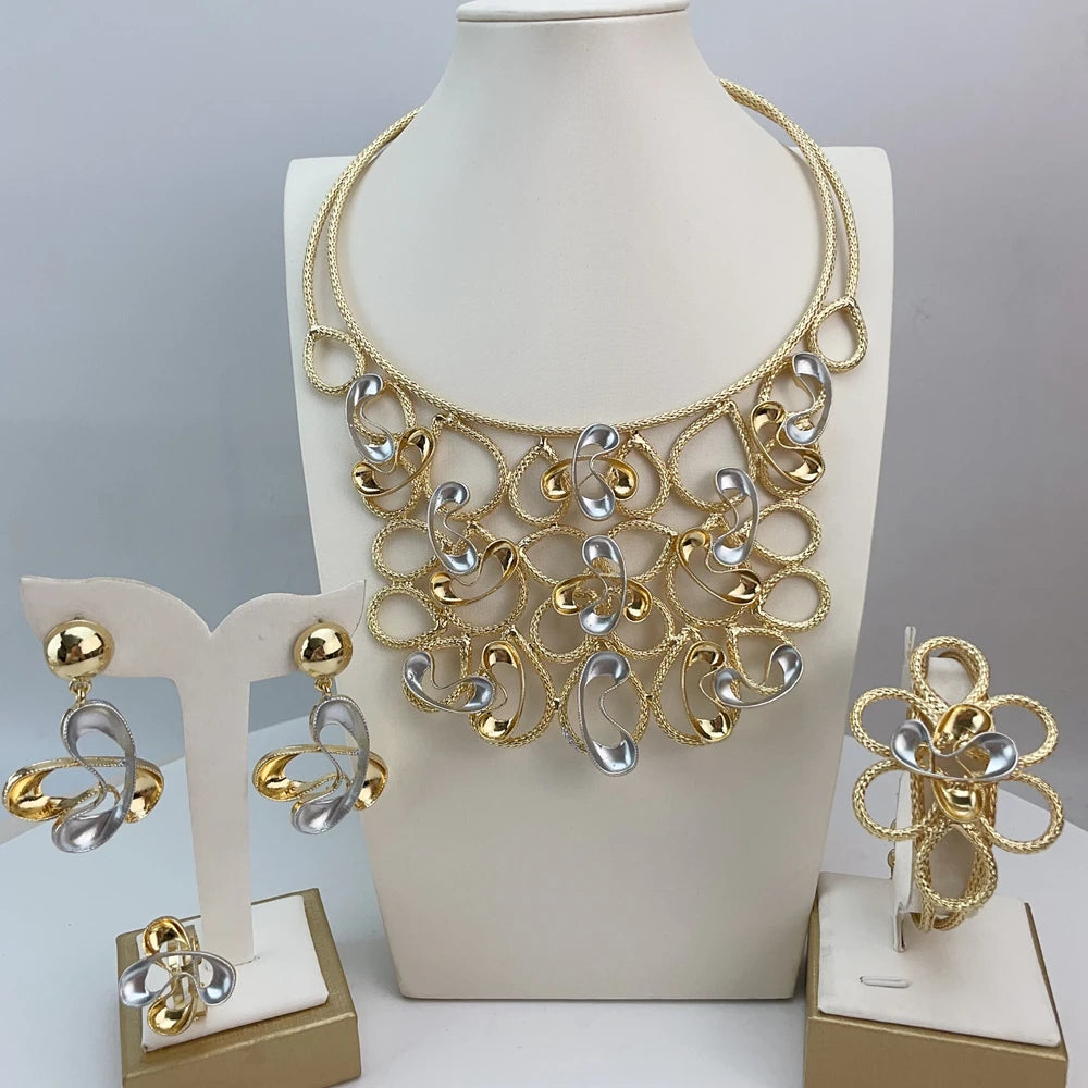 Luxury Design Gold Color Jewelry Set For Women Quality Trending Necklace Earrings Bracelet And Ring Wedding Party FHK21940