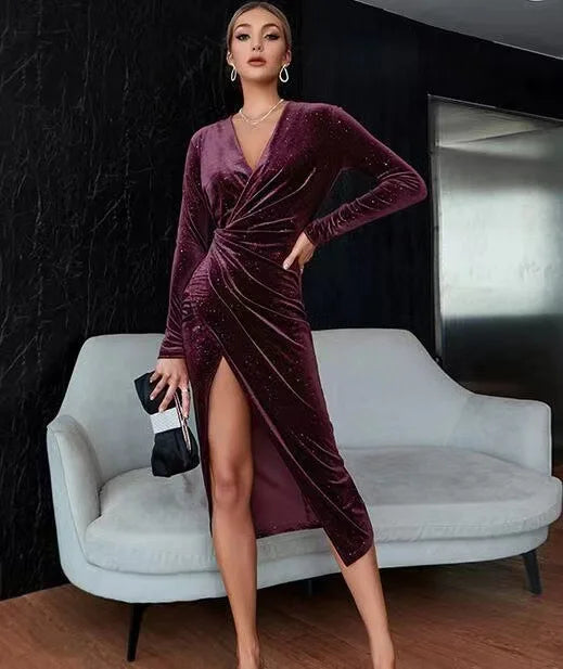 New Cross border Evening Dress Sexy Open Leg Long Sleeve Mid length Dress Golden Velvet Nightclub Dress