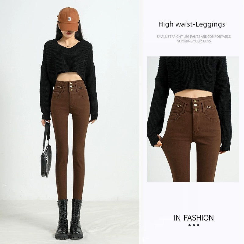 Brown Tight-Fitting Outerwear Stretch Slimming Jeans