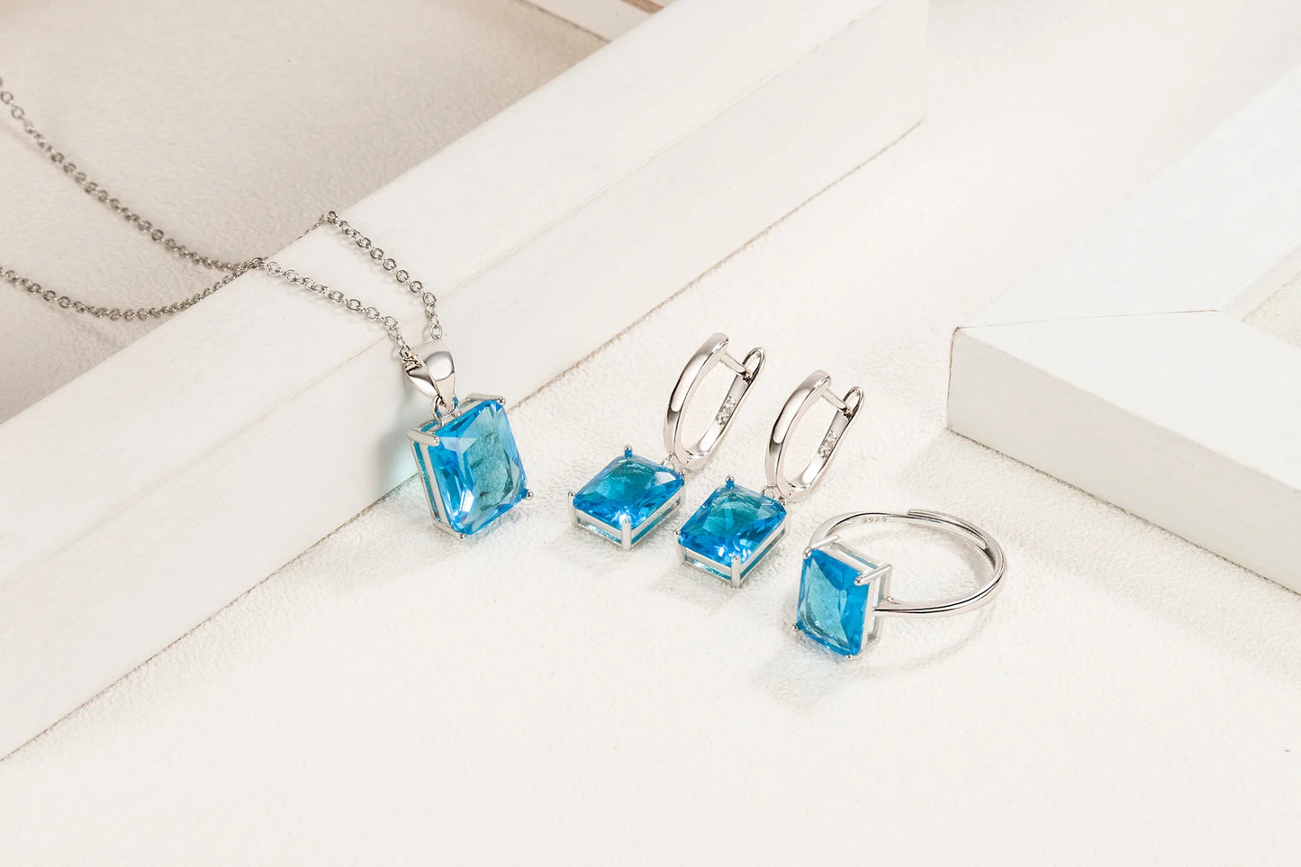 925 Sterling Silver Elegant Jewelry Sets Ring Earrings Necklace For Women Rectangle Geometry Zircon Wedding Accessories