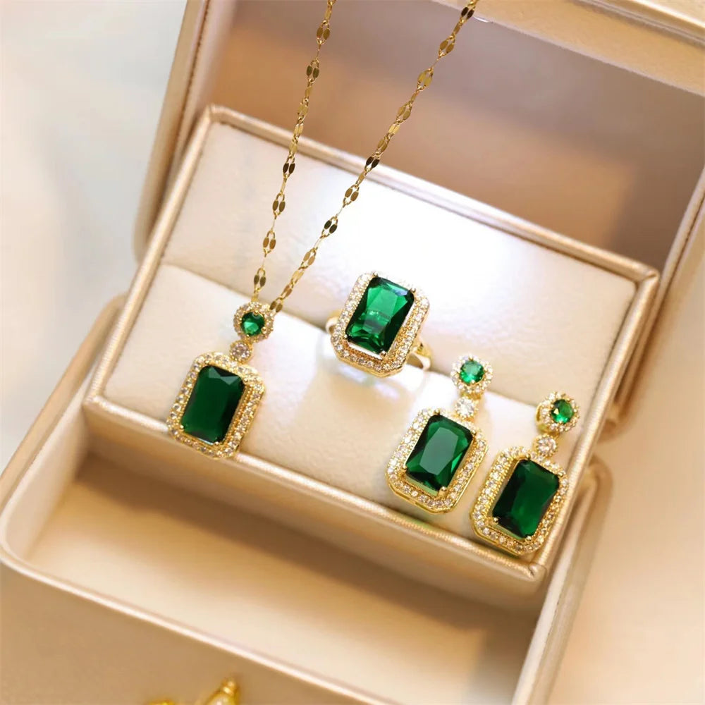 Classic Women's Three-piece Jewelry Set Statement Emerald Ring Fashion Green Zircon Ring Earring Necklace Wedding Jewelry Sets 