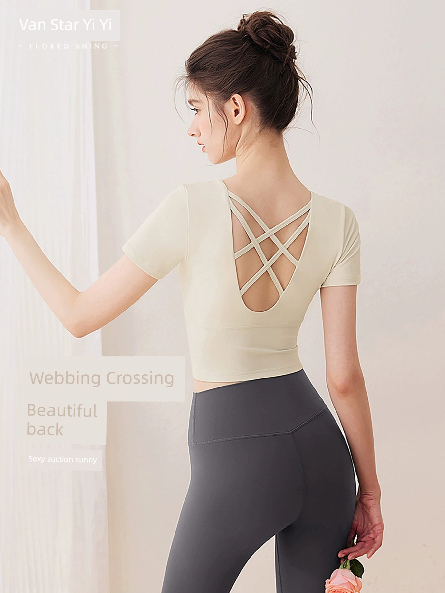 Yoga Wear Women's Top Summer Pilates Training Short Sleeve with Chest Pad Summer Workout Exercise Outfit