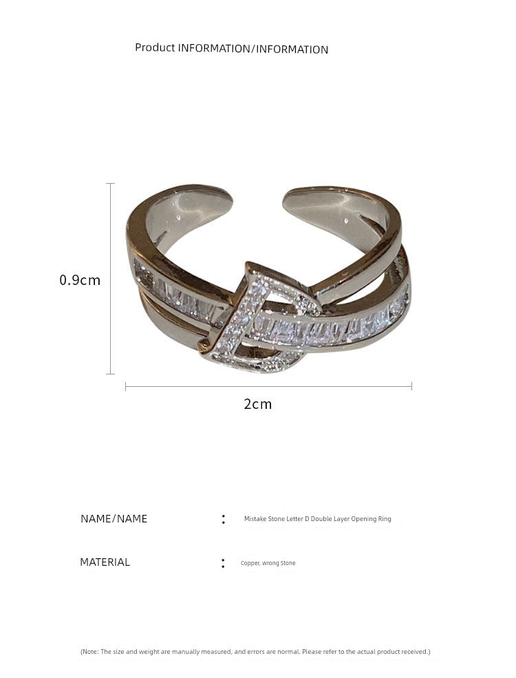 Fashion Stylish Letter D Open-End Zircon Ring Female 2024 New Arrival Niche Design Cold Wind Index Finger Ring