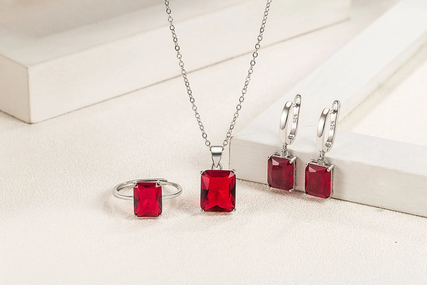 925 Sterling Silver Elegant Jewelry Sets Ring Earrings Necklace For Women Rectangle Geometry Zircon Wedding Accessories