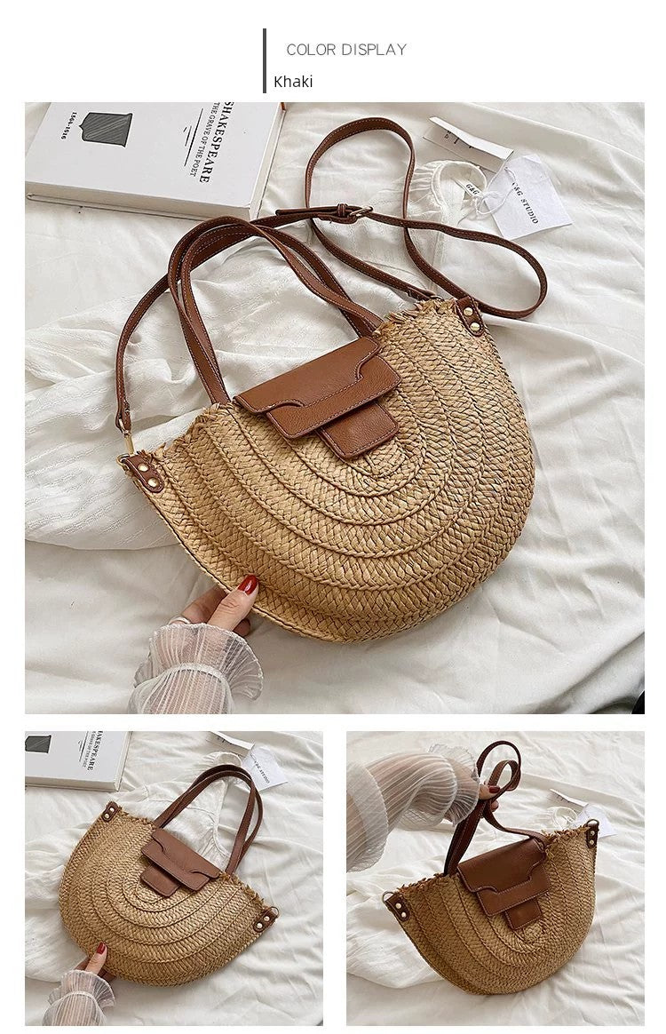 French Style Retro Straw Bag Semicircle Underarm Shoulder Messenger Bag Seaside Vacation Beach Woven Bag