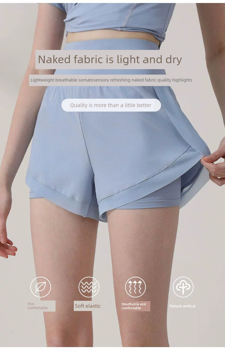 Women's Fitness Fake Two-Piece High Waist Slim Looking Sports Shorts