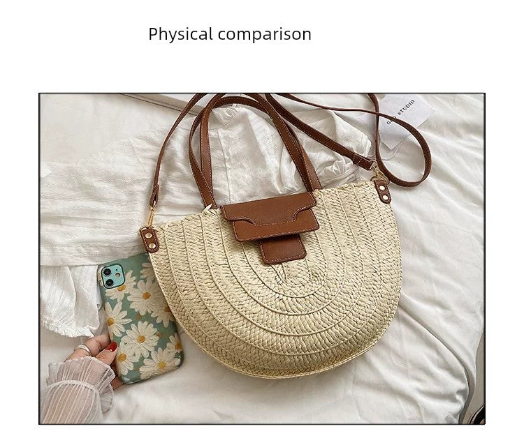 French Style Retro Straw Bag Semicircle Underarm Shoulder Messenger Bag Seaside Vacation Beach Woven Bag