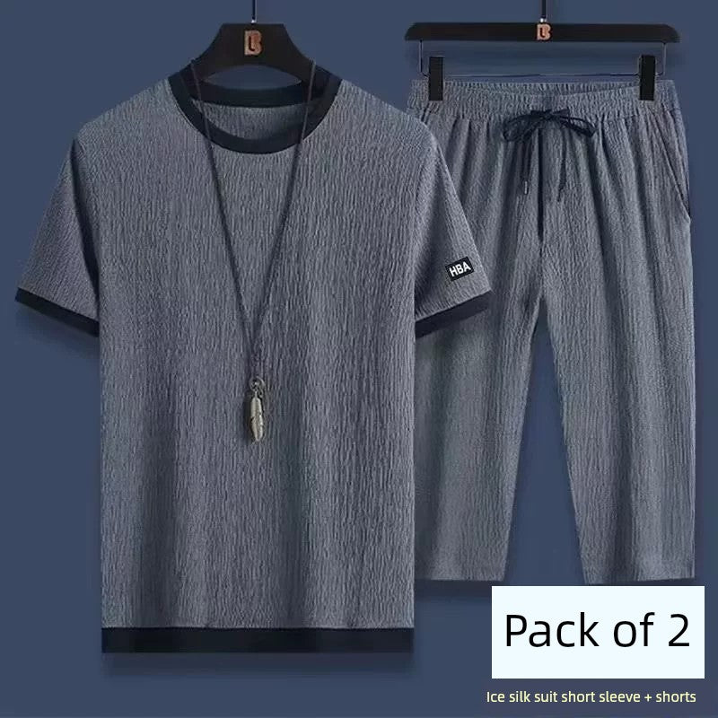Men Short Sleeve Matching Linen Leisure Sports Suit