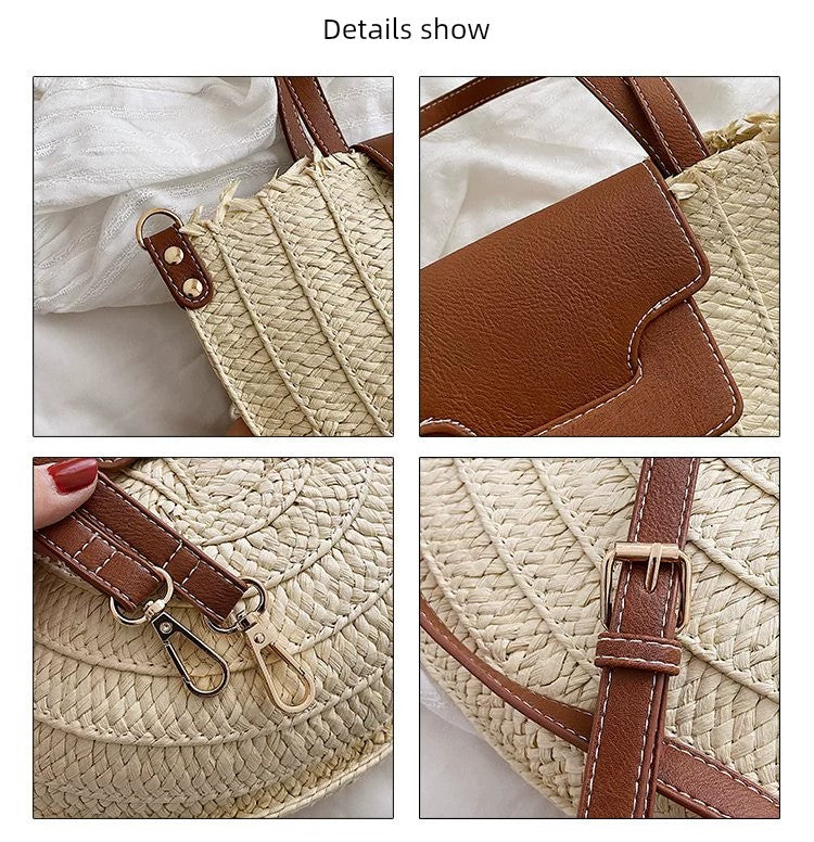 French Style Retro Straw Bag Semicircle Underarm Shoulder Messenger Bag Seaside Vacation Beach Woven Bag