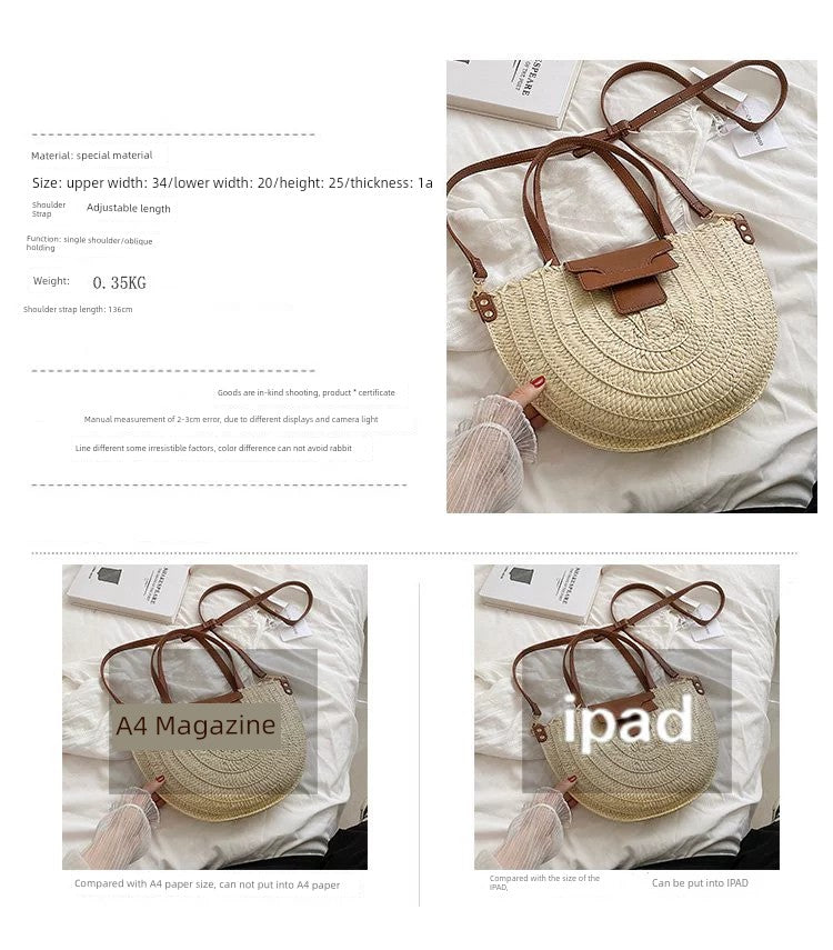 French Style Retro Straw Bag Semicircle Underarm Shoulder Messenger Bag Seaside Vacation Beach Woven Bag