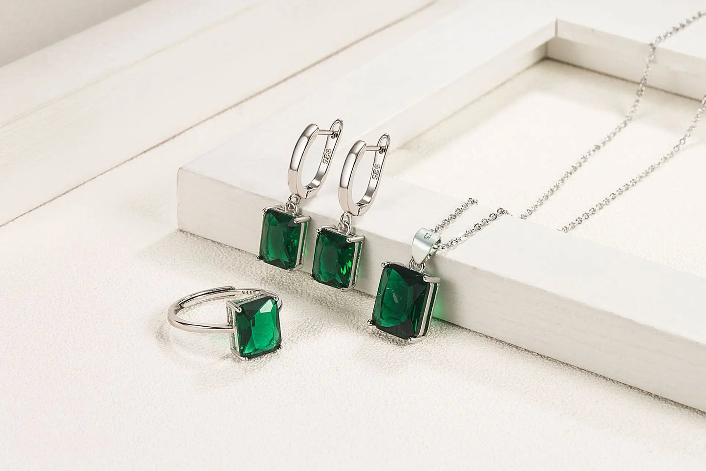 925 Sterling Silver Elegant Jewelry Sets Ring Earrings Necklace For Women Rectangle Geometry Zircon Wedding Accessories