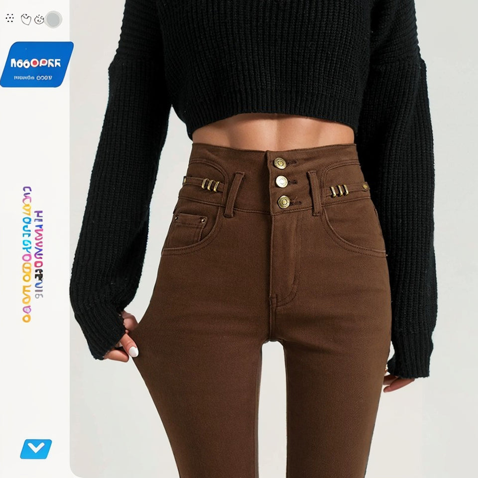 Brown Tight-Fitting Outerwear Stretch Slimming Jeans