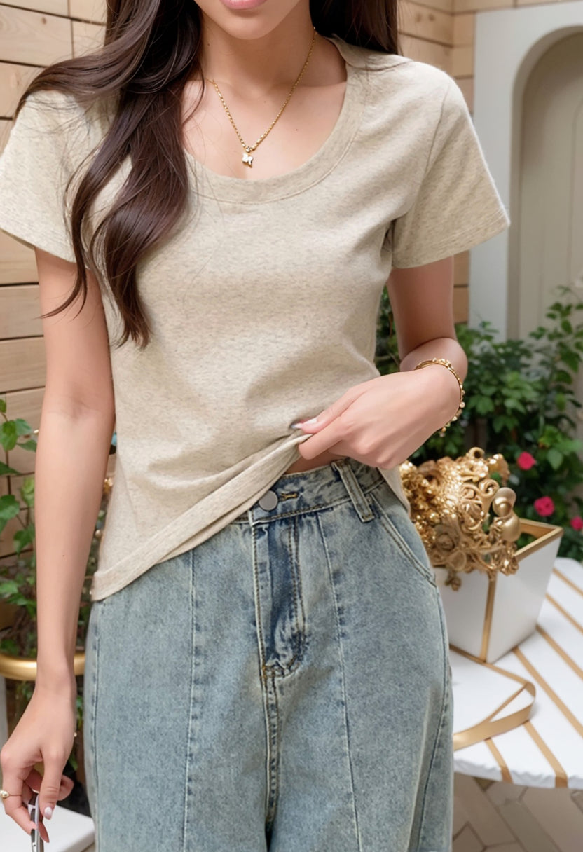 U-Neck Short Sleeve Slim Fit Stylish Solid Color Top T-shirt