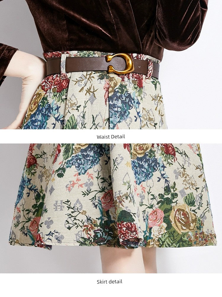 Gold Velvet Jacquard Fake Two-Piece Dress