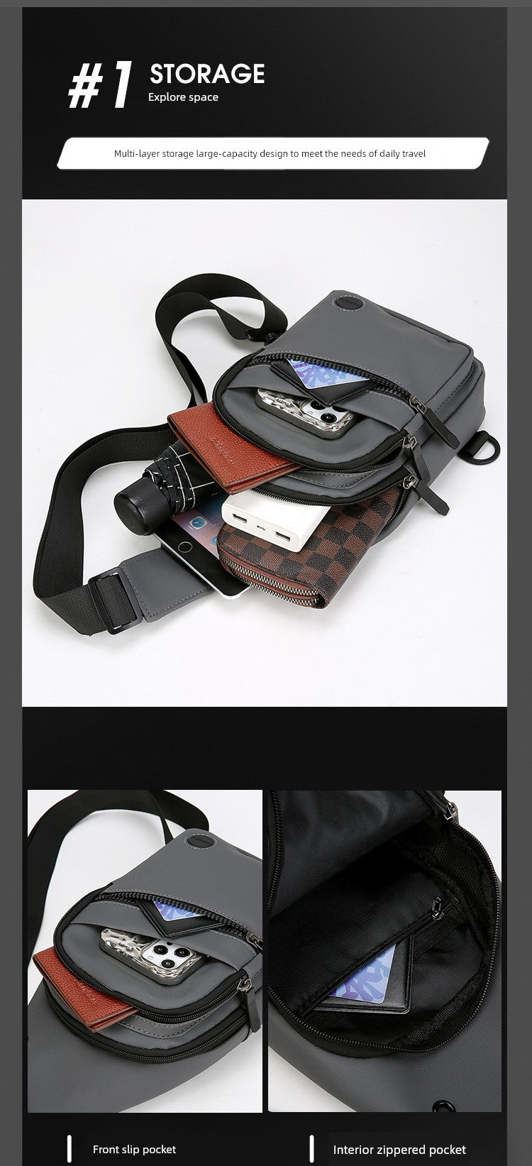 Men Casual Canvas Shoulder Black Chest Pack