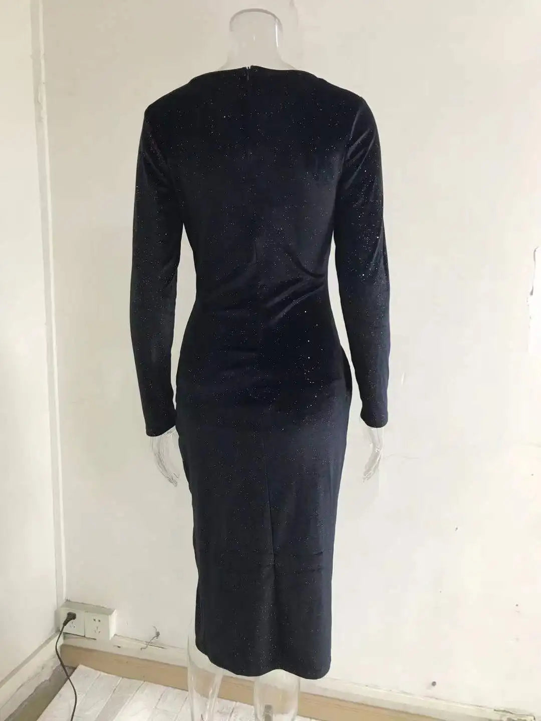 New Cross border Evening Dress Sexy Open Leg Long Sleeve Mid length Dress Golden Velvet Nightclub Dress