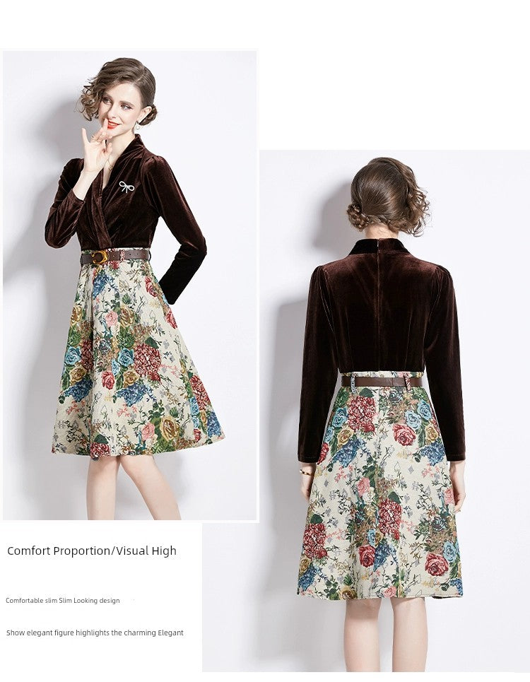 Gold Velvet Jacquard Fake Two-Piece Dress