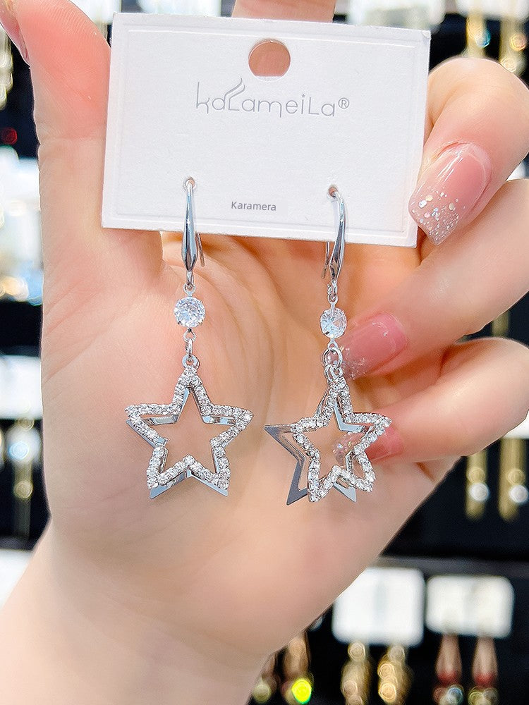 Full Diamond Eardrops Temperament Wild Five-Pointed Star Female Sterling Silver Needle