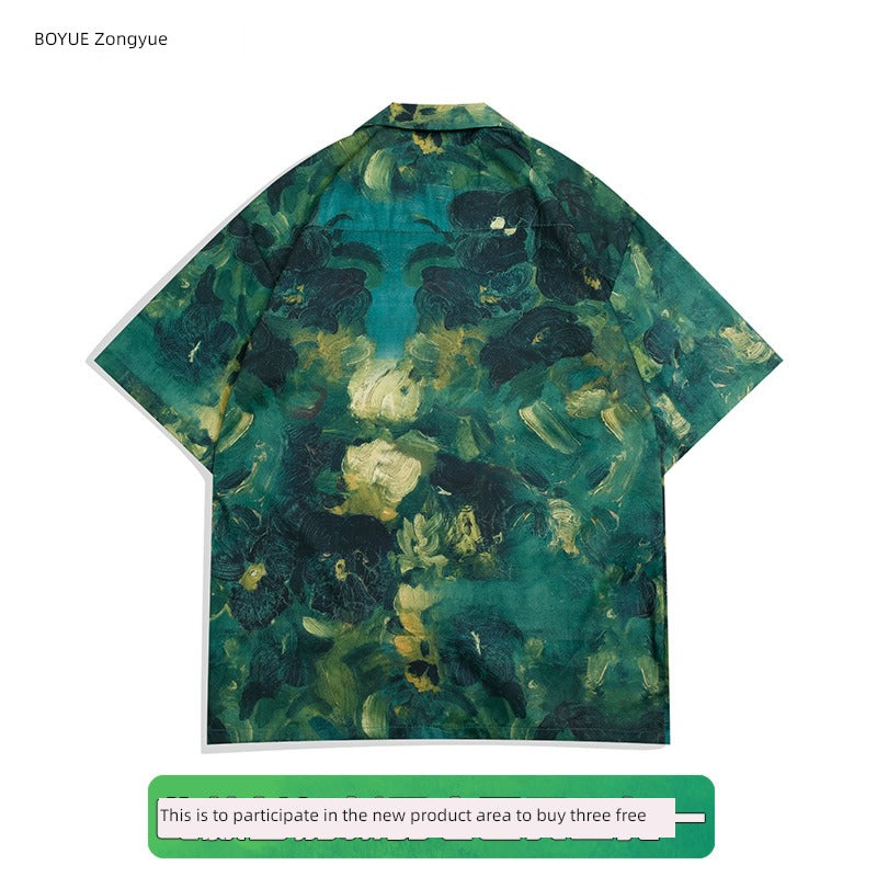 Trendy Boyue Vintage Oil Painting Vacation Short-Sleeved Shirt