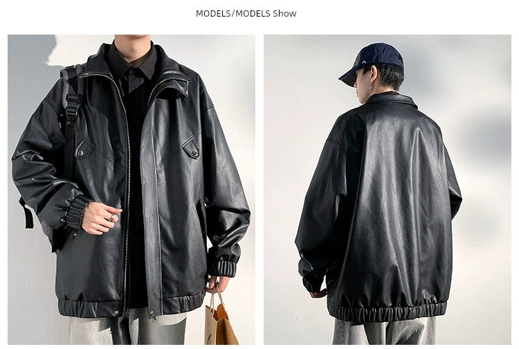 PU Leather Jacket Men's Autumn Trendy Handsome Fried Street Tops American High Street Vintage Motorcycle Clothing Men Outwear