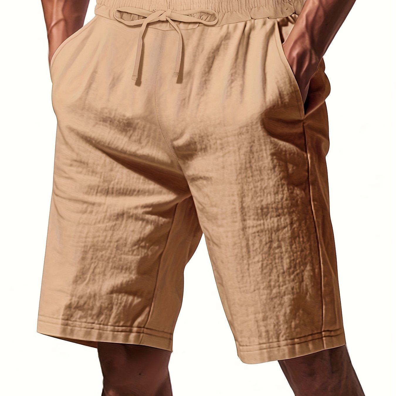 Men'S Lightweight Linen Shorts - Breathable, Casual Summer Beach & Sports Wear, Loose Fit with Pockets, Elastic Waistband, Beige, Aseptic Material, Summer Casual Wear|Trendy Men'S Shorts|Comfortable Fit, Beach Shorts