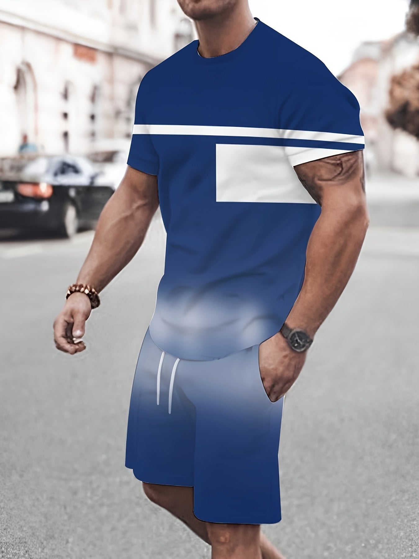 2-Piece Men’s Summer Fashion Set - Stylish K Pattern Crew Neck T-Shirt & Comfy Drawstring Shorts - Versatile Wear for Outdoor Activities & Casual Outings