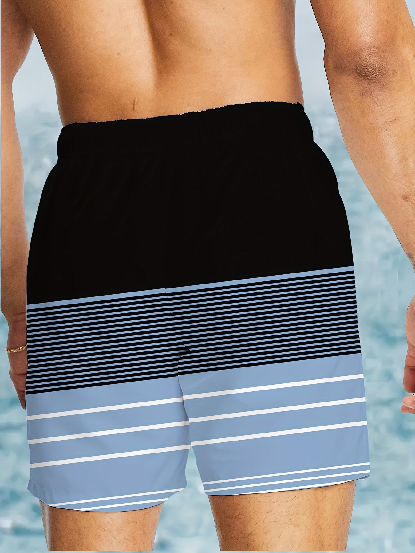 Men's Striped Casual Beach Shorts, 100% Polyester, with Drawstring, Printed Swim Trunks