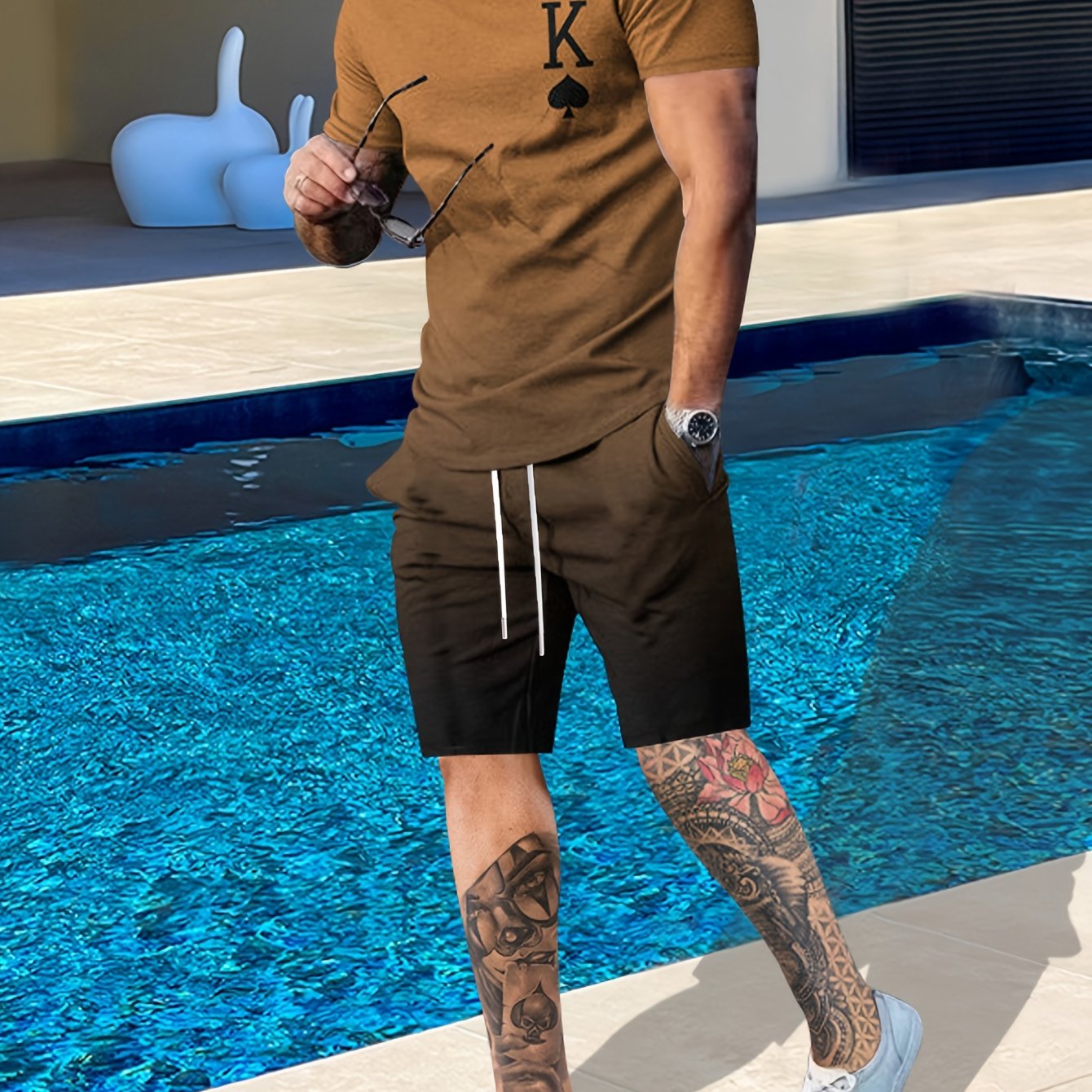 2-Piece Men’s Summer Fashion Set - Stylish K Pattern Crew Neck T-Shirt & Comfy Drawstring Shorts - Versatile Wear for Outdoor Activities & Casual Outings
