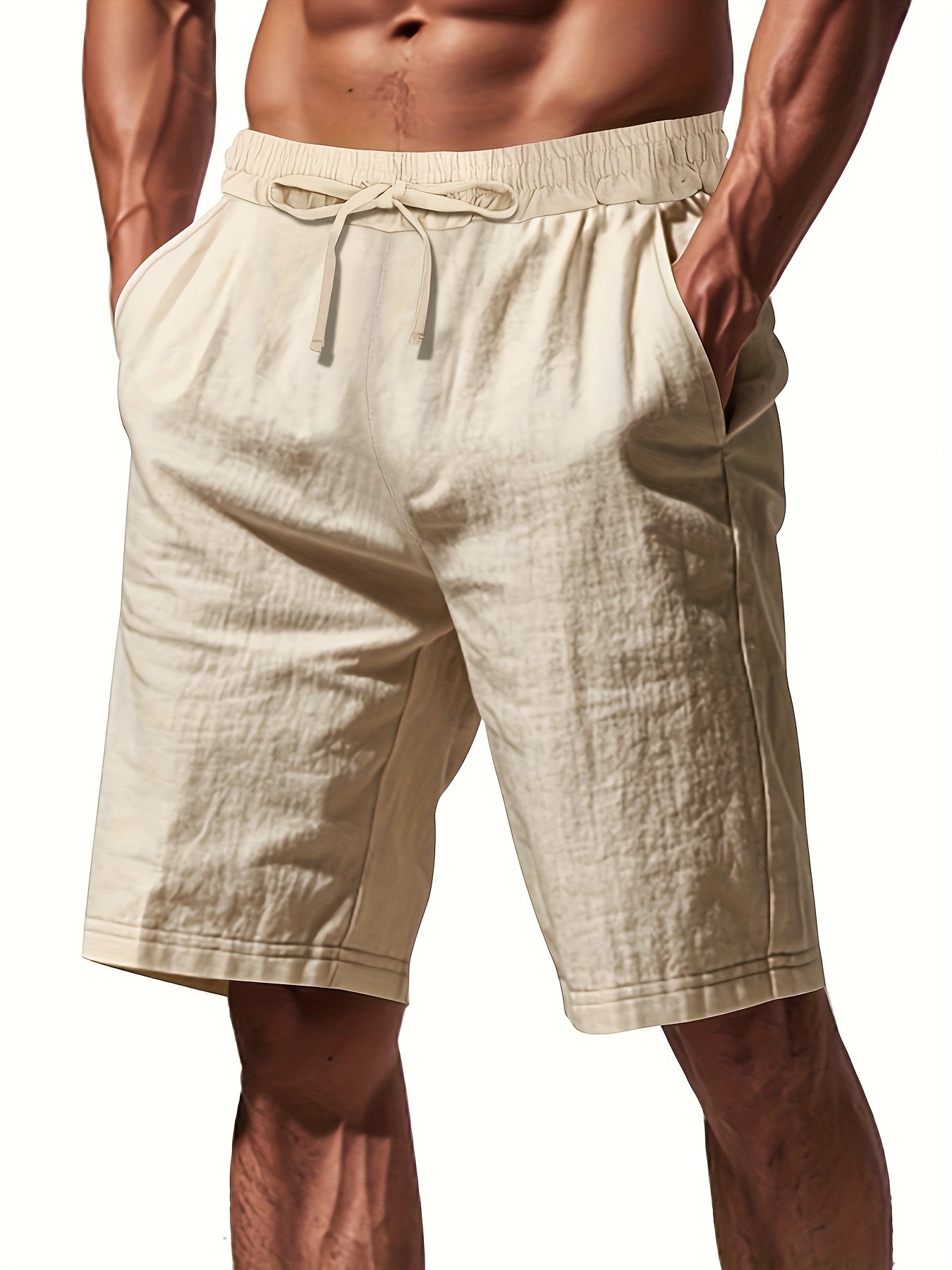 Men'S Lightweight Linen Shorts - Breathable, Casual Summer Beach & Sports Wear, Loose Fit with Pockets, Elastic Waistband, Beige, Aseptic Material, Summer Casual Wear|Trendy Men'S Shorts|Comfortable Fit, Beach Shorts
