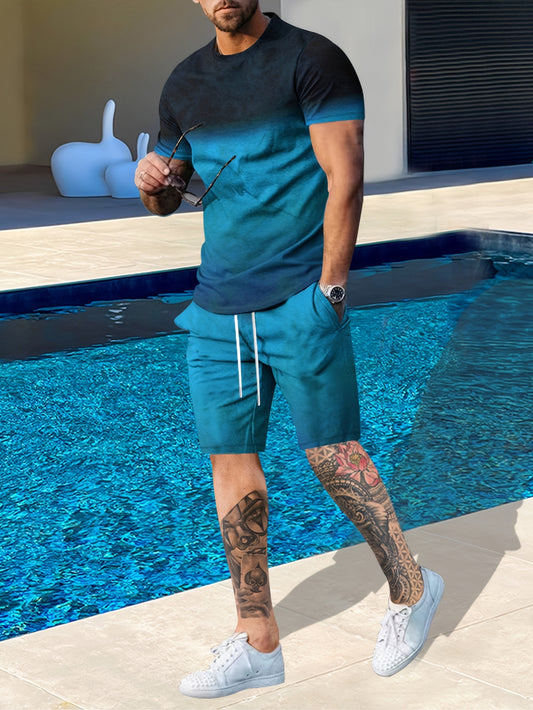 2-Piece Men’s Summer Fashion Set - Stylish K Pattern Crew Neck T-Shirt & Comfy Drawstring Shorts - Versatile Wear for Outdoor Activities & Casual Outings