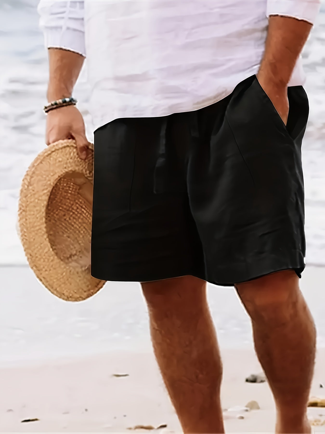 Summer Breeze Mid-Length Beach Shorts for Men - Elastic Waistband with Drawstring, Breathable Fabric, Straight Leg Design, Comfortable Casual Wear for Outdoor Activities - Perfect for Beach, Pool, or Everyday Use