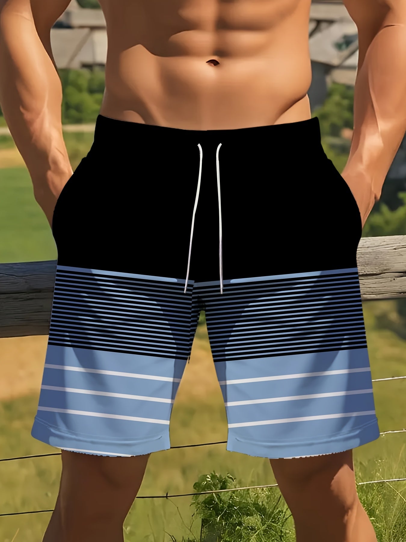 Men's Striped Casual Beach Shorts, 100% Polyester, with Drawstring, Printed Swim Trunks