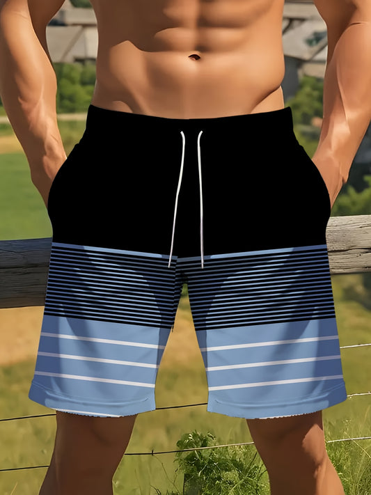 Men's Striped Casual Beach Shorts, 100% Polyester, with Drawstring, Printed Swim Trunks