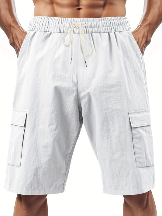 Men's Multi-Pocket Cargo Shorts - Breathable Linen Fabric, Adjustable Drawstring Waist, Regular Fit with Multiple Utility Pockets for Hiking, Camping & Outdoor Activities - Machine Washable Solid Color Casual Shorts, Hiking E