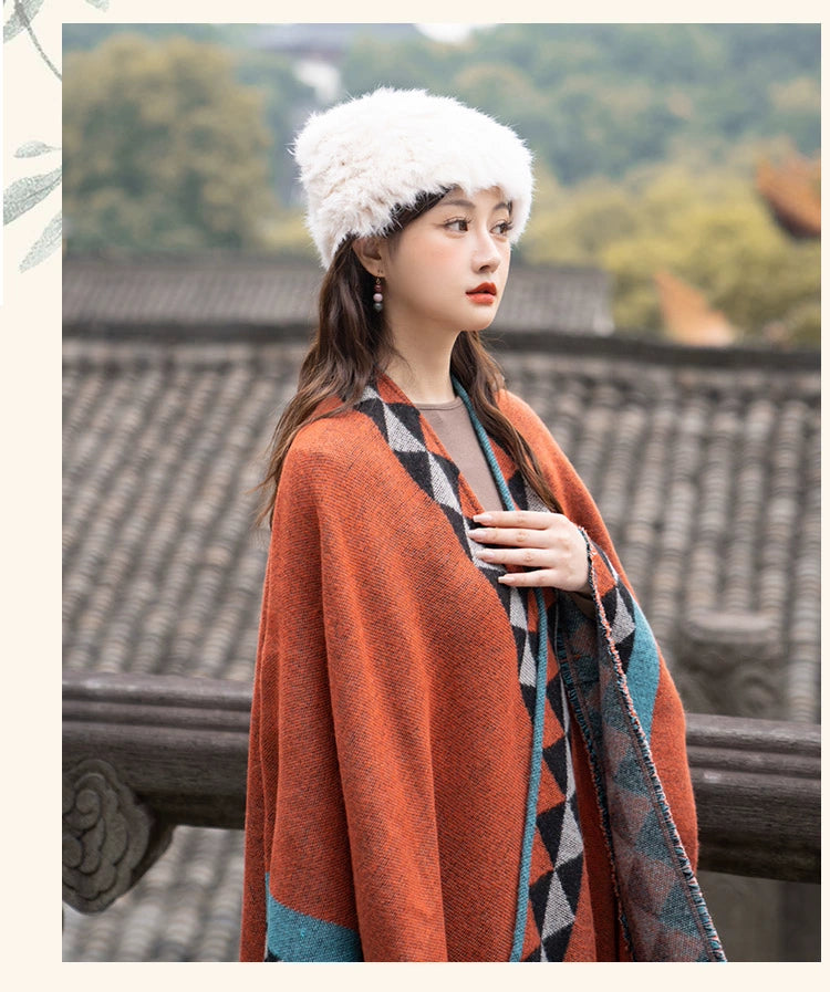 Early Autumn Travel Knit Cloak with Tassel Scarf