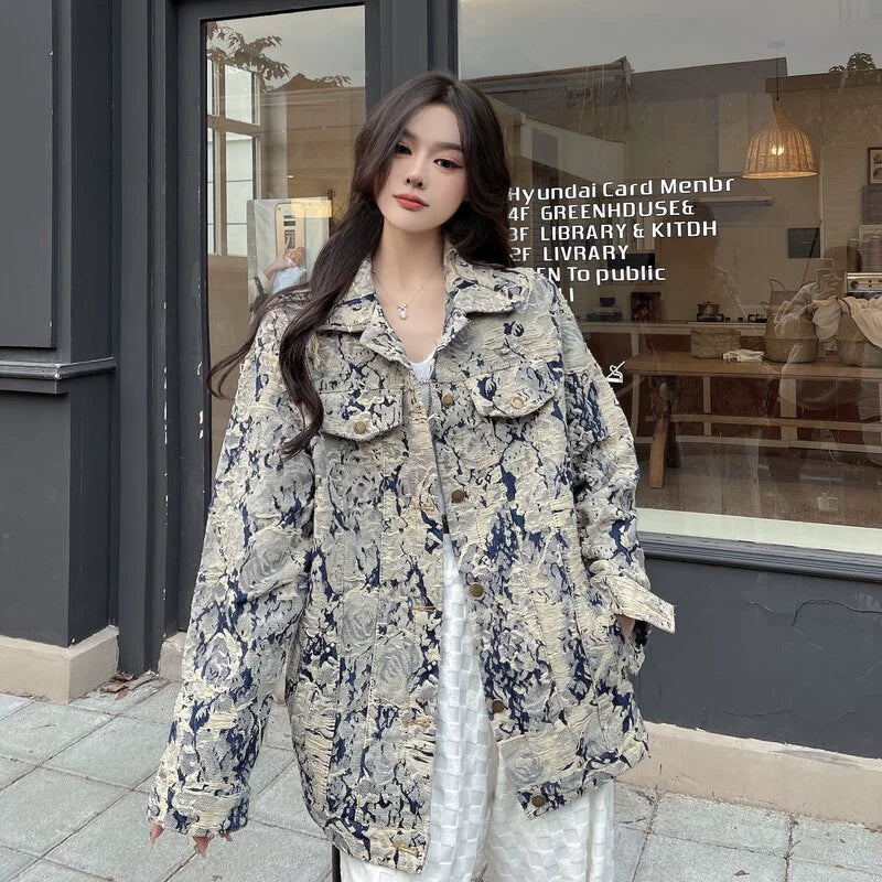 Denim Coat Women's New Spring and Autumn Fashion Print Jacket Cardigan Stylish Niche Loose Elegant Top