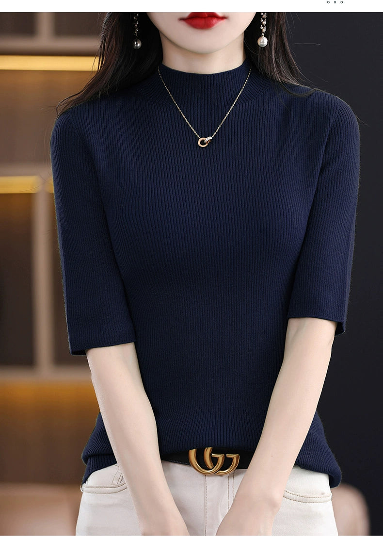 Spring & Fall Half Turtleneck Knitting Short Sleeve Women's Slim-Fit All-Match T-shirt Half Sleeve Shirt 2024 New Arrival Bottoming Shirt Half Sleeve