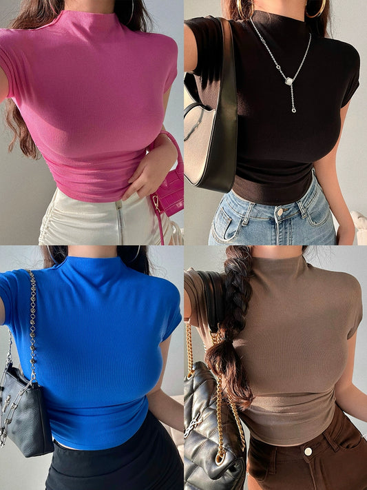 Sexy Tight Small Turtleneck Ruched Crop-Top Short Sleeve T-shirt