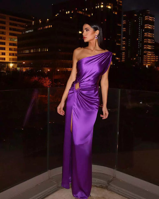 Sexy One Shoulder Evening Dress High Waist Temperament Solid Color Slant Shoulder Evening Dress