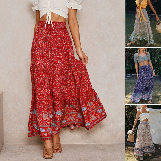 Retro Floral Half-lengt Stitchingskirt Vintage Floral Half-Length Patchwork Swing Skirt